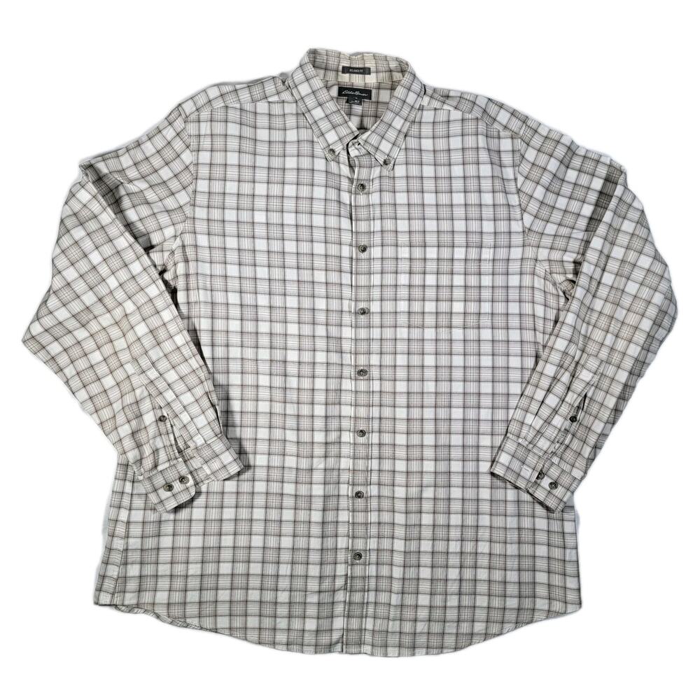 Eddie Bauer XL Tall Relaxed Fit Plaid Button Down Normcore Beige Cotton Shirt